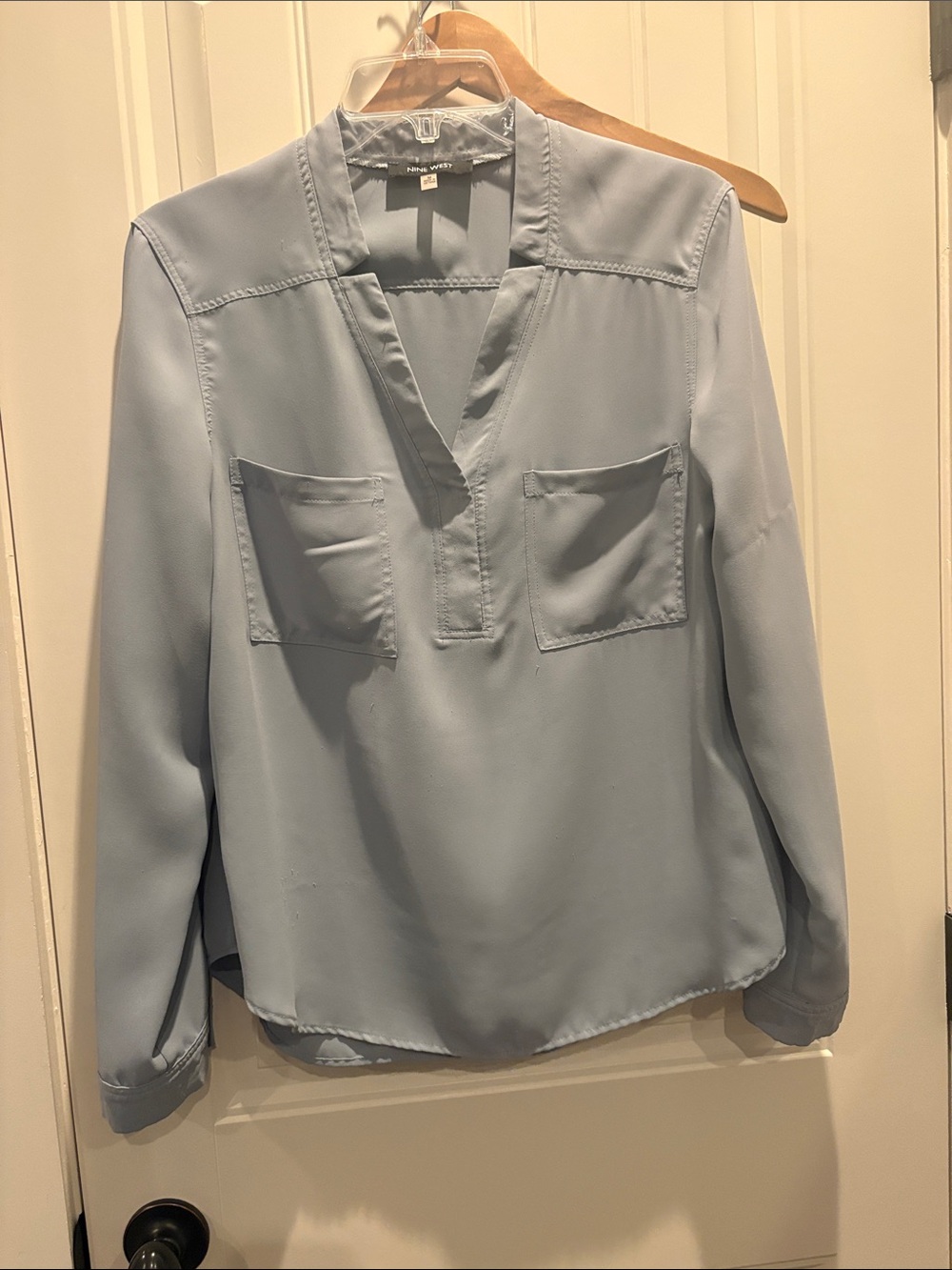 Nine West bluish gray V-Neck Long Sleeve Blouse with Pockets